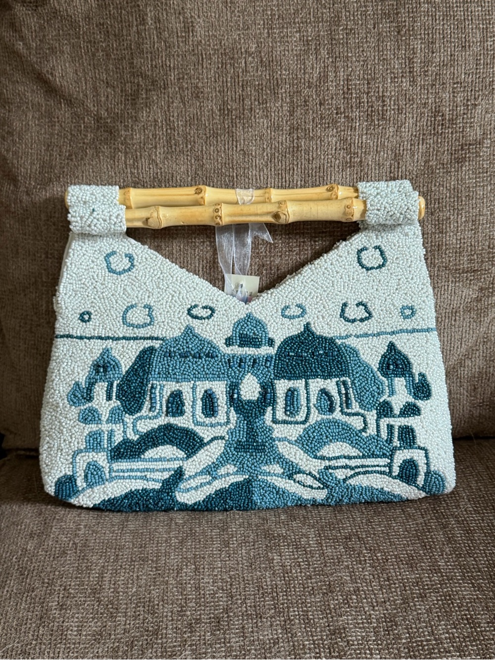 Hand beaded Bag with Bamboo Carrying Handles